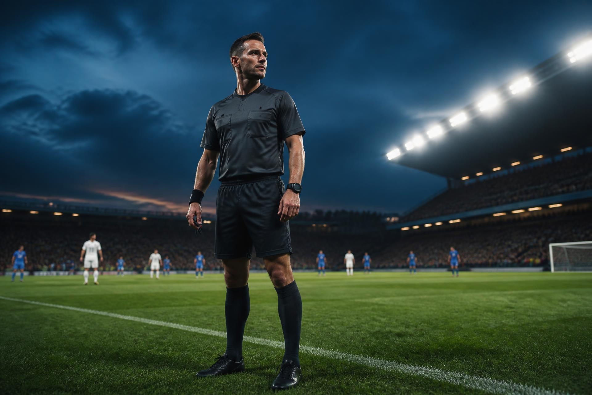 Soccer referee standing on a floodlit pitch before kickoff