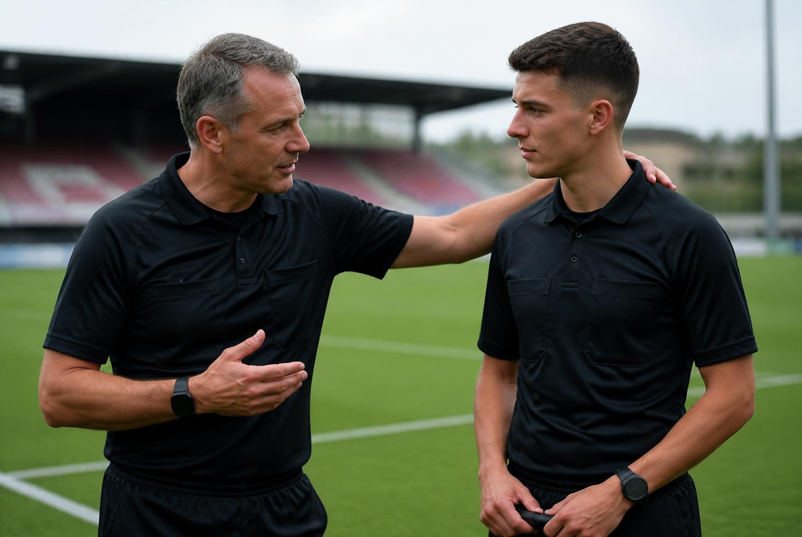 An experienced referee giving feedback to a younger official beside the pitch